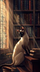 An elegant Siamese cat, perched regally on a bookshelf filled with ancient tomes, surveying its kingdom with an air of wisdom and grace, as sunlight beams highlight its sleek lines low texture