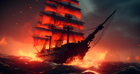 a large ship on fire in the ocean