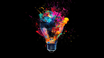 Creative light bulb explodes with colorful paint and splashes on a black background. Think differently creative idea concept Generative AI - obrazy, fototapety, plakaty