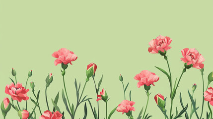 Gentle carnations in soft pink hues on a pastel green background, ideal for a banner with blank space