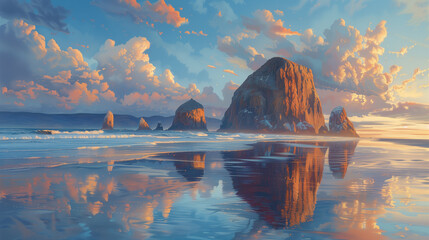 A jagged shoreline at dusk. Dramatic with water reflections.