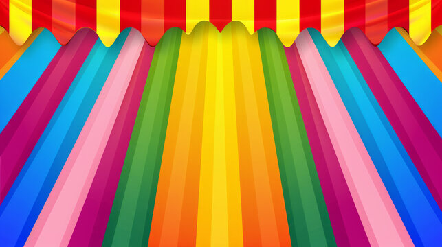 Colorful rainbow-striped pattern under a yellow and red striped awning, perfect for a banner with blank space