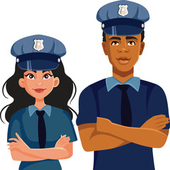 Couple of Police Officers Standing with Arms Crossed vector Cartoon. Smiling male and female cop making a team 
