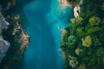Naklejka na ściany i meble wonderful aerial view of blue water river - Captivating Beauty of Tropical rain forest Canopy