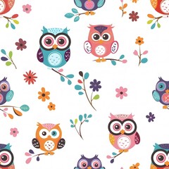 Fototapeta premium Cute cartoon owl seamless pattern, colorful, lovely and funny