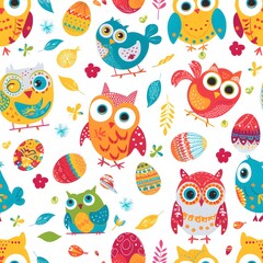 Fototapeta premium Cute cartoon owl seamless pattern, colorful, lovely and funny