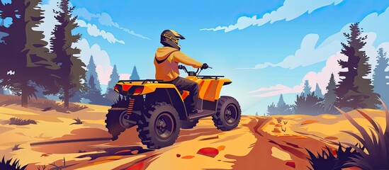 A man is driving a motor vehicle, an ATV, on a dirt road surrounded by plants and trees. The tire tread leaves tracks on the earth as clouds drift by in the sky
