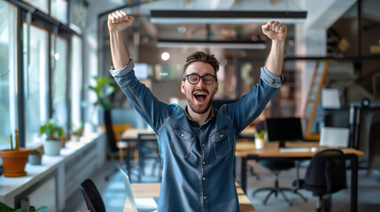 
A young professional entrepreneur celebrating success in a startup office, raising arms with a...