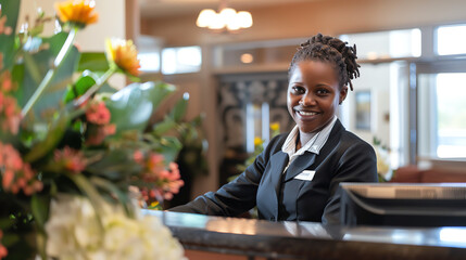 A friendly hotel receptionist warmly welcoming guests with a smile at the front desk. - obrazy, fototapety, plakaty