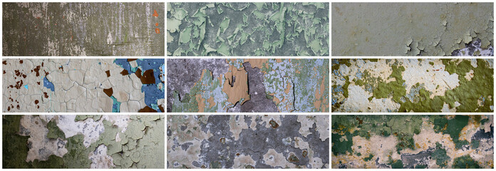Set of peeling paint textures. Old concrete walls with cracked flaking paint. Weathered rough painted surfaces with patterns of cracks and peeling. Collection of wide panoramic backgrounds for design. - 778597784