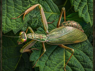 Close Up of a Praying Mantis Camouflaged Amongst Vibrant Green Leaves in Natural Habitat Detailed Insect Photography