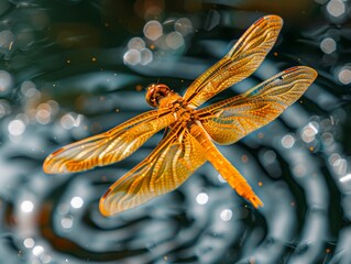 Close up of a Glowing Golden Dragonfly Perched Delicately on Water Surface with Rippling Reflections and Nature Backdrop