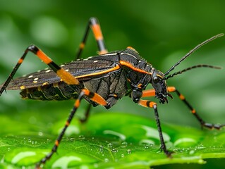 Fototapeta premium Macro Photography of a Vibrant Black and Orange Insect on a Lush Green Leaf