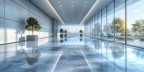 Long corridor in clean Corporate Exhibition building with ample light