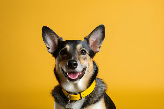 Funny Andalusian ratonero dog on yellow background. Portrait of a dog