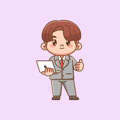 Cute businessman hold laptop suit office workers kawaii chibi character mascot illustration outline style design