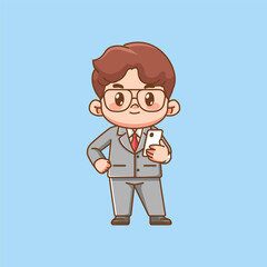 Cute businessman hold phone suit office workers kawaii chibi character mascot illustration outline style design