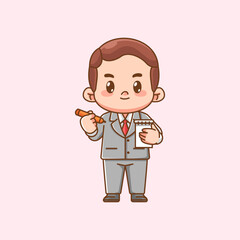Cute businessman write note suit office workers kawaii chibi character mascot illustration outline style design
