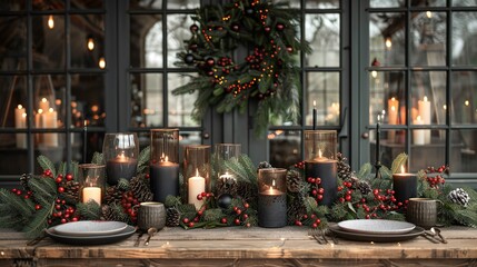 Aesthetic design for christmas with pine nobilis hanging garland, candles and table decorations .  ,Generative ai, 