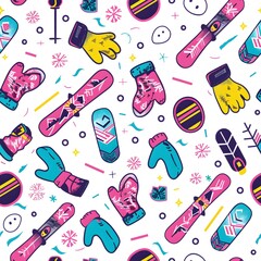 Cute cartoon pattern with snowboards, skis and gloves on a white background