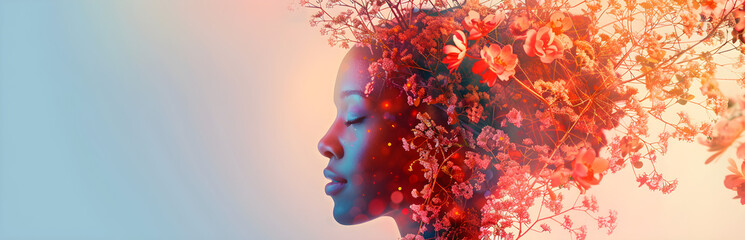 Double exposure of woman's profile and flowers, representing mental health awareness and empowerment. Perfect for Women's Day or Women's History Month illustration.