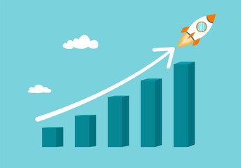 Wealth or earning rising up graph. Business sales or profit increase concept. Financial report graph with arrow from flying rocket.