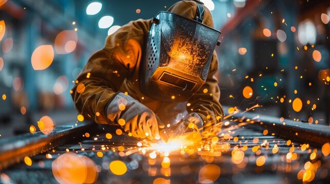 A tradesman welding metal together