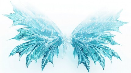 A pair of fairy wings with a frosty appearance, featuring a blend of icy blues and whites. The wings have a crystalline, frozen texture, making a striking contrast with the white background.
