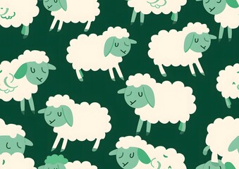 Cute cartoon sheep seamless pattern, green background