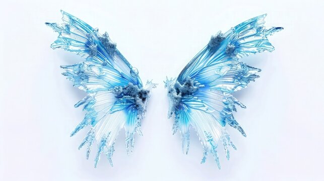 A pair of fairy wings with a frosty appearance, featuring a blend of icy blues and whites. The wings have a crystalline, frozen texture, making a striking contrast with the white background.