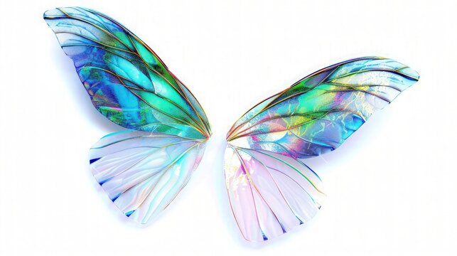 A pair of iridescent fairy wings, with a color spectrum that shifts between blues, greens, and purples, shimmering against a pure white background. The wings have delicate, intricate veining.