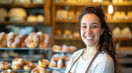 Happy young woman, small business owner, smiling in bakery shop - Powered by Adobe