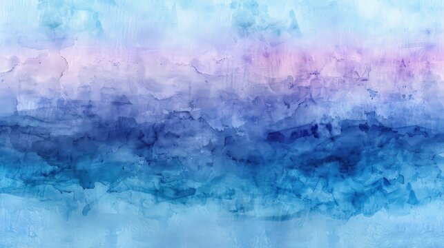 A panoramic abstract watercolor painting with gradients of cool blues and purples, evoking a sense of calm and tranquility on paper.