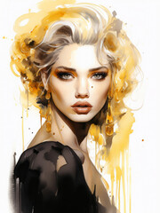 Watercolor elegant lady fashion illustration in yellow colors, girl with makeup. Young and beautiful woman illustration for poster, print, fashion concept.