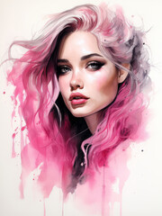 Watercolor elegant lady fashion illustration in pink colors, wide brimmed hat girl with makeup. Young and beautiful woman illustration for poster, print, fashion concept.