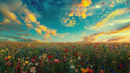 A panoramic landscape of a vast field of wildflowers with a sky painted in vivid shades of blue and...