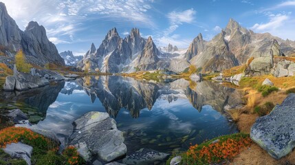 A panoramic landscape showcasing a tranquil mountain lake surrounded by towering peaks, reflecting...