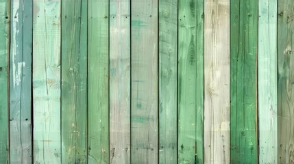 Foto op Canvas A panoramic perspective of an abstract wooden wall, with each plank painted in a different shade of green, creating a harmonious and textured background. © Muhammad