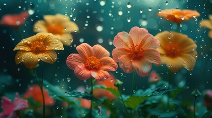 View of flowers behind transparent glass with water drops  ,Generative ai, 