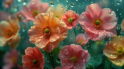 View of flowers behind transparent glass with water drops  ,Generative ai, 