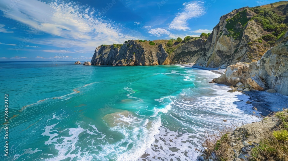 Wall mural A picturesque coastal scene with rugged cliffs overlooking a turquoise sea, waves gently crashing against the shore, and a clear blue sky overhead.