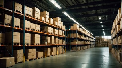 An expansive warehouse showcasing neat rows of packaged goods