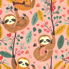 Cute cartoon sloth pattern on a pink background with turquoise and green accents