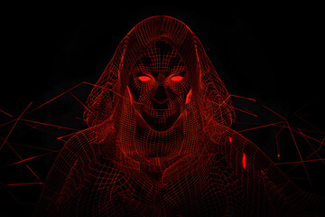 Neon mysterious cloaked figure with red eyes isotated on black background. - obrazy, fototapety, plakaty