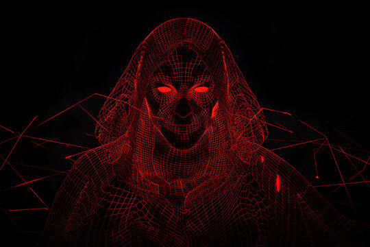 Neon mysterious cloaked figure with red eyes isotated on black background.