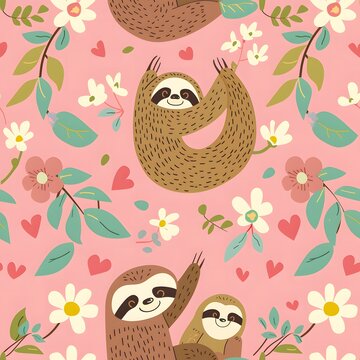 Cute cartoon sloth pattern on a pink background with turquoise and green accents
