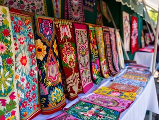 the Hungarian Kalocsa embroidery, a vibrant spring fair, where folk art is proudly displayed in all its splendor,  traditional Kalocsa motifs, such as floral patterns and intricate geometric designs