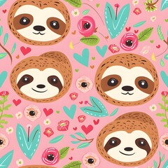 Cute cartoon sloth pattern on a pink background with turquoise and green accents