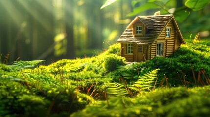 A quaint wooden house nestled in lush green grass, with vibrant moss and ferns around it, bathed in warm sunlight, creating an idyllic eco-friendly scene.