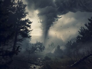 the raw power and ominous beauty of a tornado, mother nature, with swirling clouds and trees in its path, funnel cloud reaching down from the darkened sky